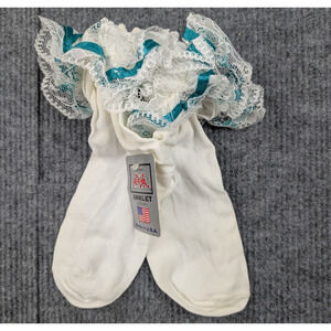 Vintage Nylon Socks Womens 8-9.5 Coquette Cream Teal Frilly Church Event Glam